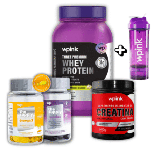 COMBO WHEY PROTEIN 900g + CREATINA + ÓMEGA 3 + CAPSULAS UNHA E CABELO +COQUETELEIRA
